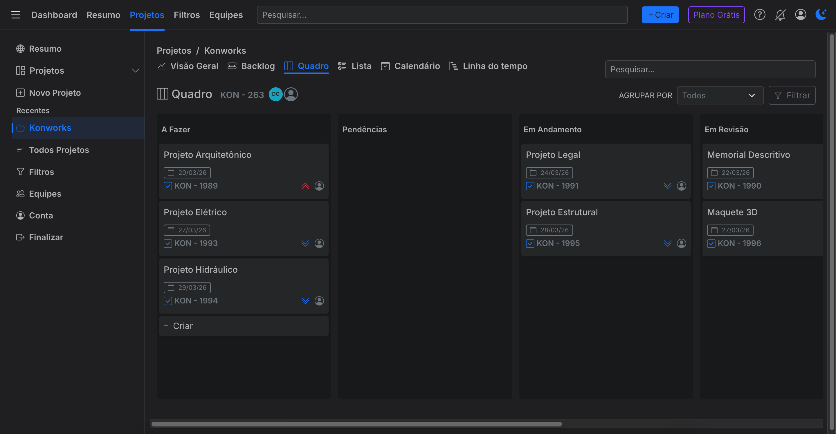 Dashboard principal do Konworks