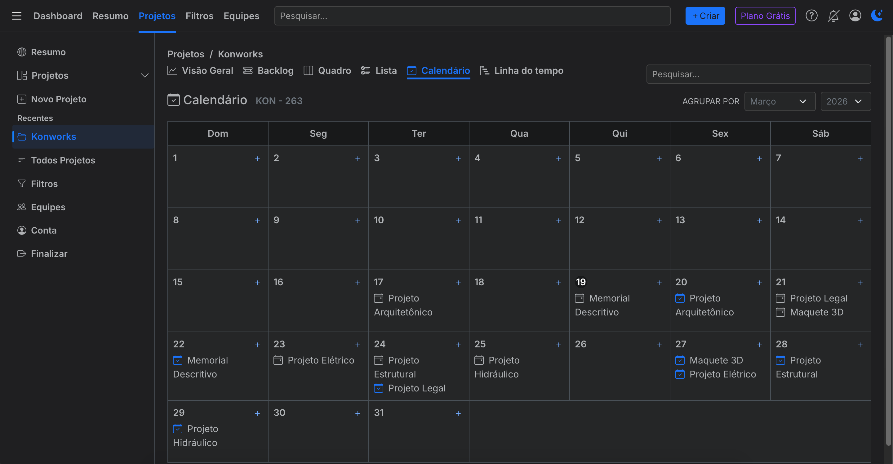 Modo Calendário - Konworks